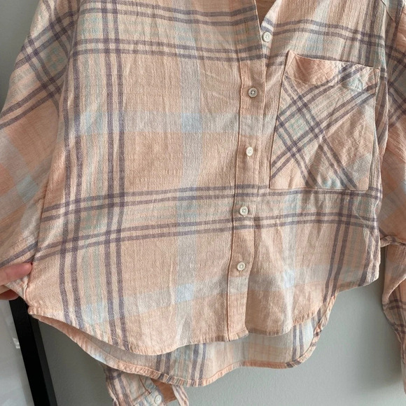 FREE People Peach purple white Cropped Boxy Fit Wide Sleeve Flannel Shirt S - Picture 5 of 11